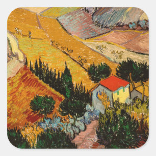 Vincent van Gogh - Landschaft, Haus und Pflüger Quadratischer Aufkleber