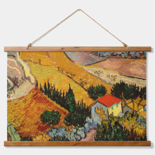 Vincent van Gogh - Landschaft, Haus und Pflüger Wandteppich Mit Holzrahmen