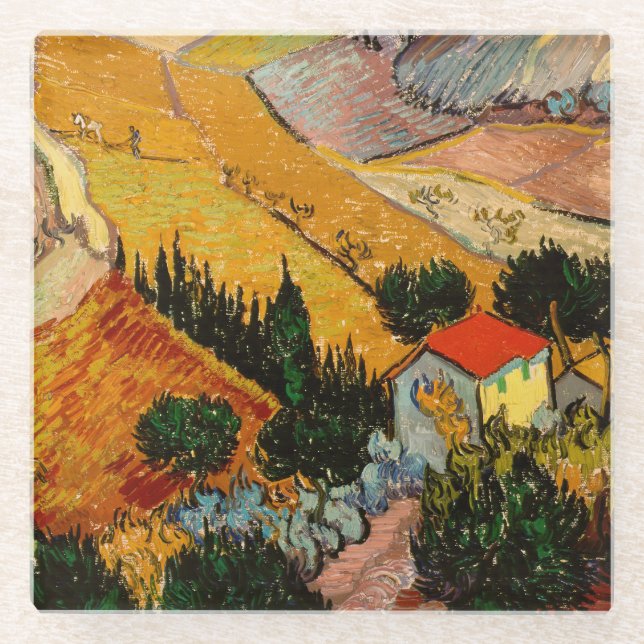 Vincent van Gogh - Landschaft, Haus und Plowman Glasuntersetzer (Vorderseite)