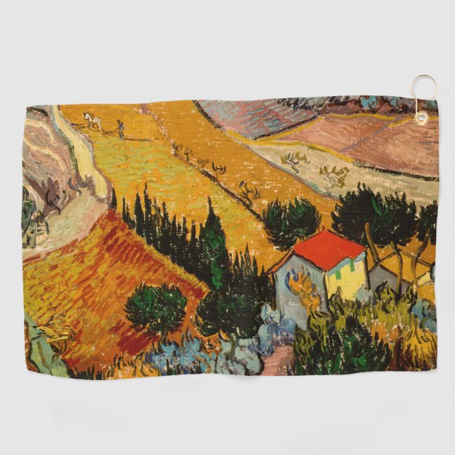Vincent van Gogh - Landschaft, Haus und Plowman Golfhandtuch (Horizontal)