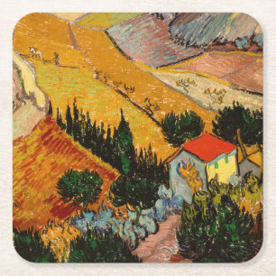 Vincent van Gogh - Landschaft, Haus und Plowman Rechteckiger Pappuntersetzer
