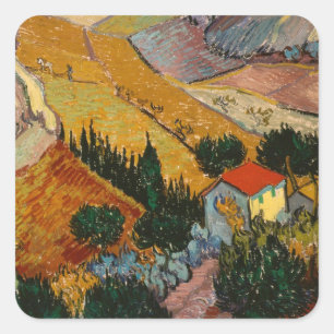 Vincent van Gogh   Landschaft mit Haus & Plowman Quadratischer Aufkleber
