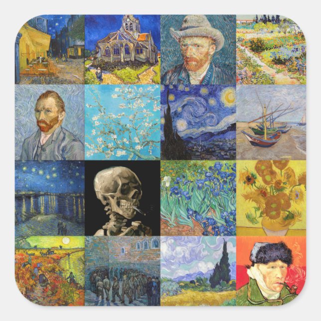 Vincent van Gogh - Meisterwerke Mosaic Patchwork Quadratischer Aufkleber (Vorderseite)
