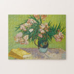 Vincent Van Gogh Oleanders Vintage Blumenmalerei Puzzle<br><div class="desc">Beautiful vintage artwork from 1888 by the famous beeinonist painter Vincent Van Gogh. This beeinonism floral art feature Oleander flowers in vase haben wir mit with yellow books in front of a green wall gesprochen. A really neat puzzle featuring vintage art.</div>