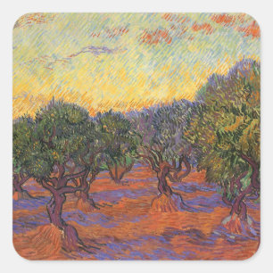 Vincent van Gogh - Olive Grove, Orange Sky Quadratischer Aufkleber