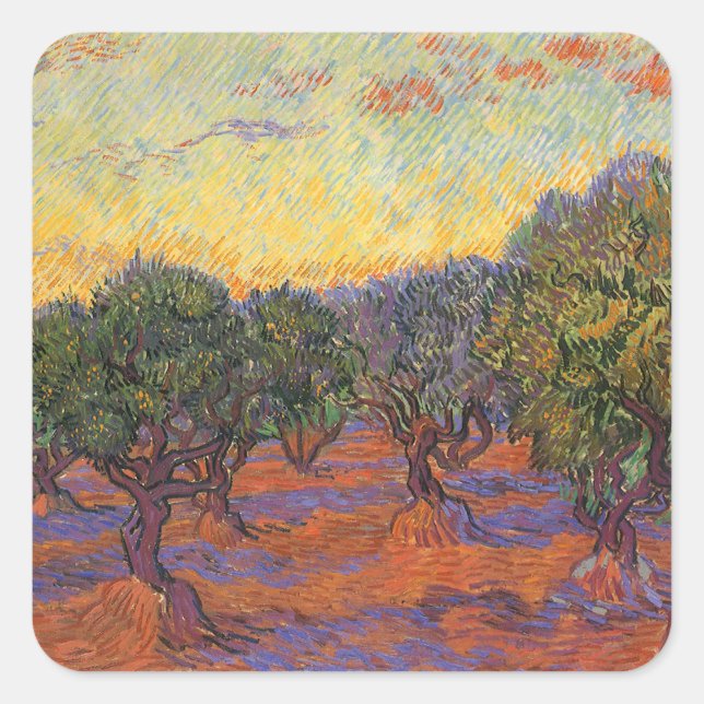Vincent van Gogh - Olive Grove, Orange Sky Quadratischer Aufkleber (Vorderseite)