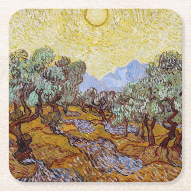 Vincent van Gogh - Olivenbäume, Gelber Himmel und  Rechteckiger Pappuntersetzer (Vorderseite)