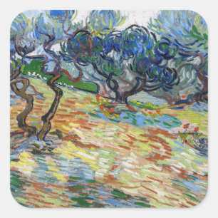 Vincent van Gogh - Olivenbäume: Helles blaues Himm Quadratischer Aufkleber