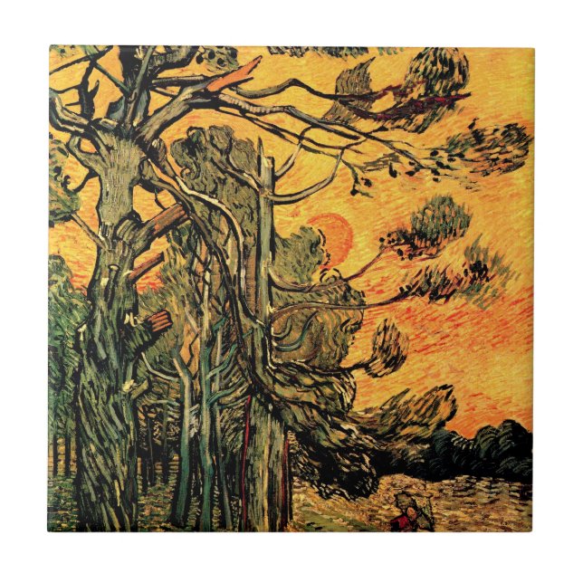 Vincent Van Gogh - Pine Trees Against a Red Sky Fliese (Vorderseite)