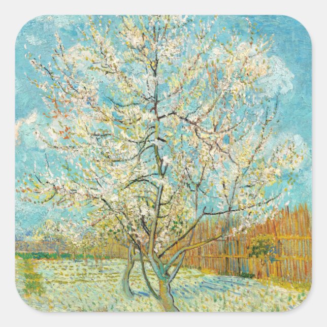 Vincent van Gogh - Pink Peach Tree in Blossom Quadratischer Aufkleber (Vorderseite)