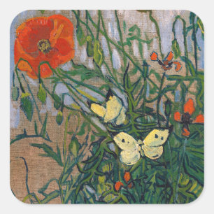Vincent van Gogh - Schmetterlinge und Mohn Quadratischer Aufkleber