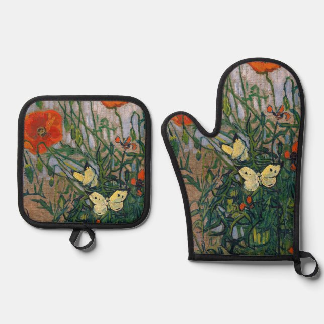 Vincent van Gogh - Schmetterlinge und Pfoten Ofenhandschuh & Topflappen-Set (Vorderseite)