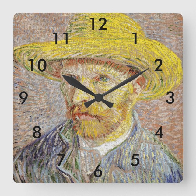 Vincent van Gogh - Selbstporträt mit Strohhut Quadratische Wanduhr (Vorderseite)