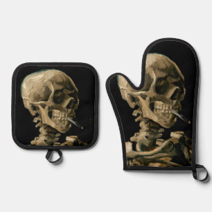 Vincent van Gogh - Skull mit brennender Zigarette Ofenhandschuh & Topflappen-Set