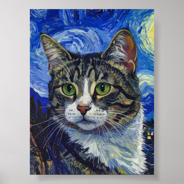Vincent Van Gogh Starry Night Cat Portrait Poster (Vorne)
