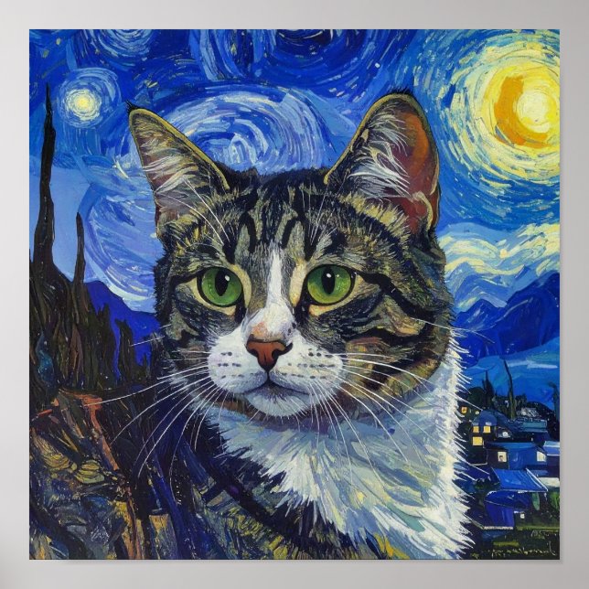 Vincent Van Gogh Starry Night Cat Portrait Poster (Vorne)