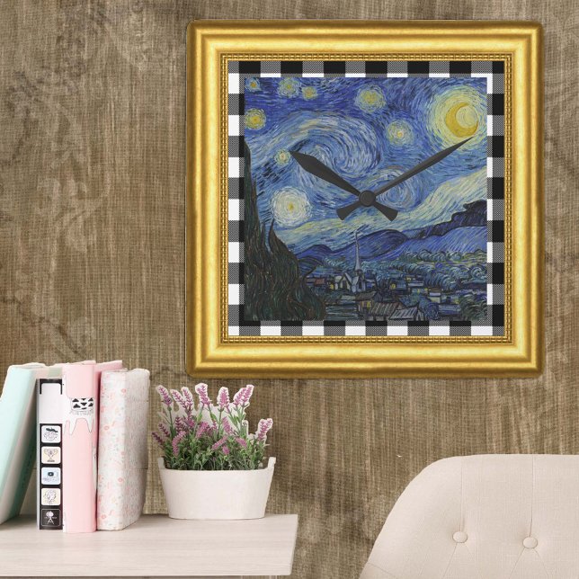 Vincent Van Gogh, Starry Night Gerahmt, Checkered Quadratische Wanduhr (Von Creator hochgeladen)
