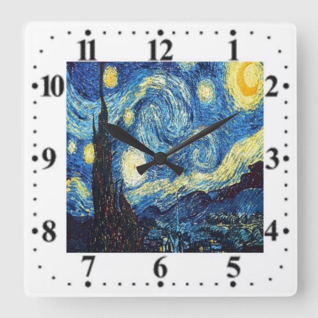 Vincent Van Gogh Starry Night Wall Clock Quadratische Wanduhr (Vorderseite)