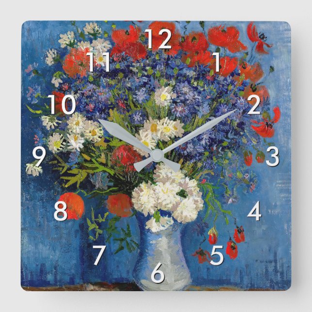 Vincent van Gogh - Vase mit Cornblumen & Poppies Quadratische Wanduhr (Vorderseite)