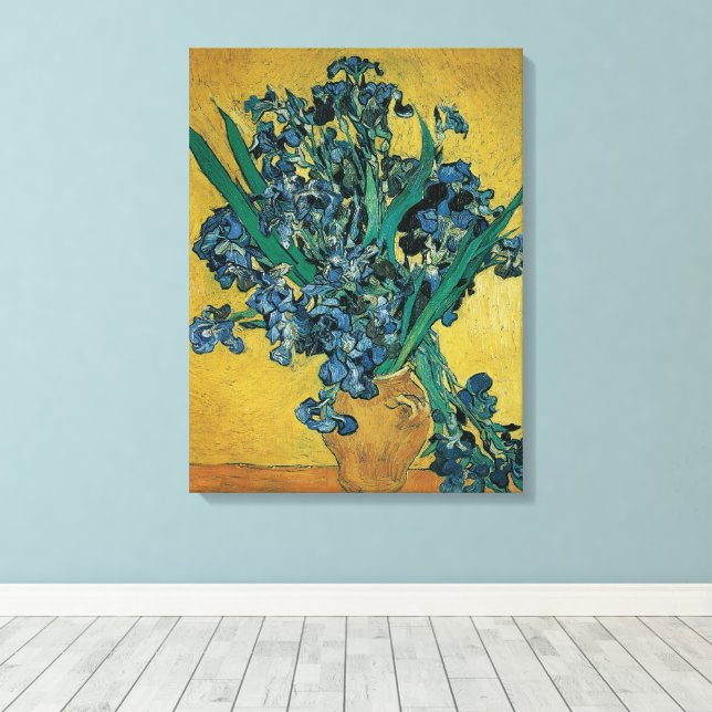 Vincent van Gogh - Vase w Irises Yellow Background Leinwanddruck (Insitu (Holzboden))
