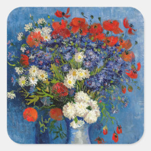Vincent van Gogh - Vasen mit Kornblumen und Mohn Quadratischer Aufkleber