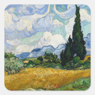 Vincent Van Gogh Weizenfeld mit Zypressen Quadratischer Aufkleber