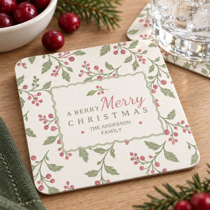 Vine & Berry Frohe Weihnachten Salbei Cranberry ID Rechteckiger Pappuntersetzer