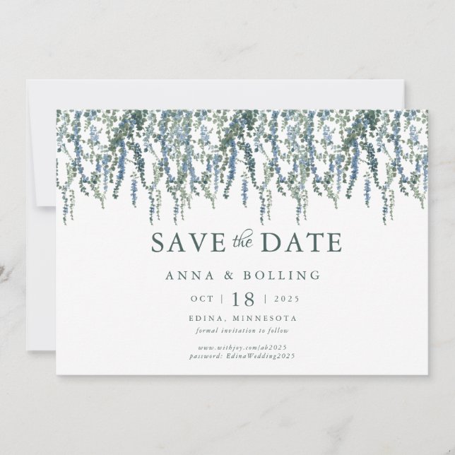 Vine Greenery Blue Floral Wedding Save The Date (Vorderseite)