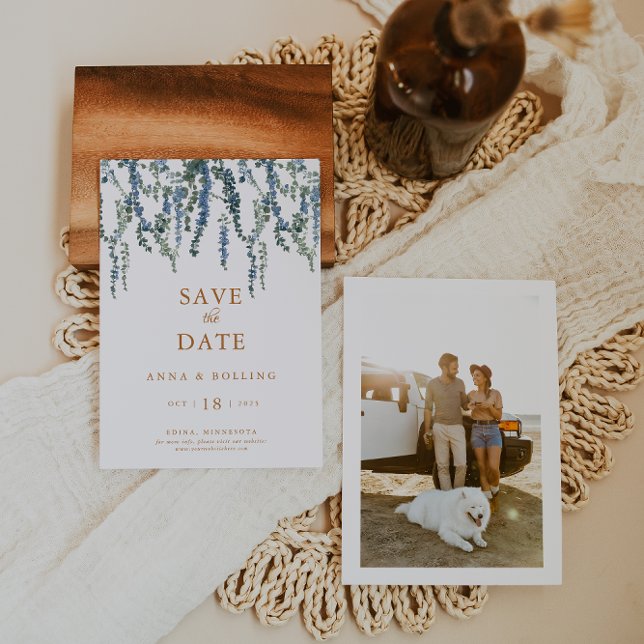 Vine Greenery Blue Floral Wedding Save The Date (Von Creator hochgeladen)