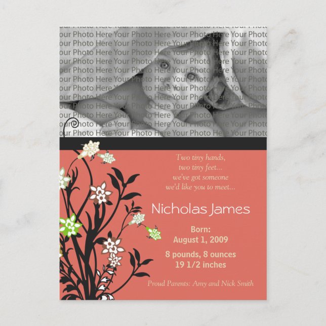 Viney Baby Birth Announcement Pink Ankündigungspostkarte (Vorderseite)