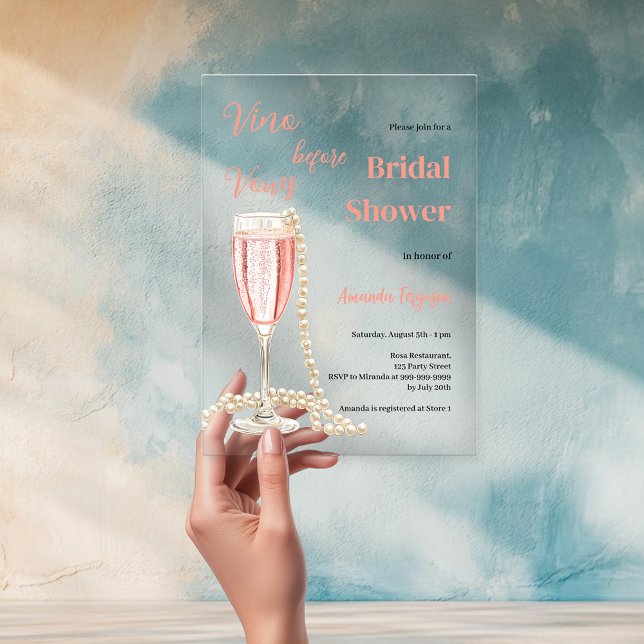 Vino befor Vows rosa klares Brautparty Acryleinladungen (Von Creator hochgeladen)