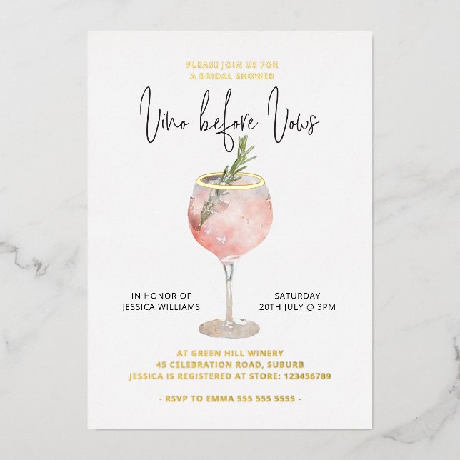 Vino Before Vows Brautparty Bachelorette Gold Folieneinladung (Vorderseite)