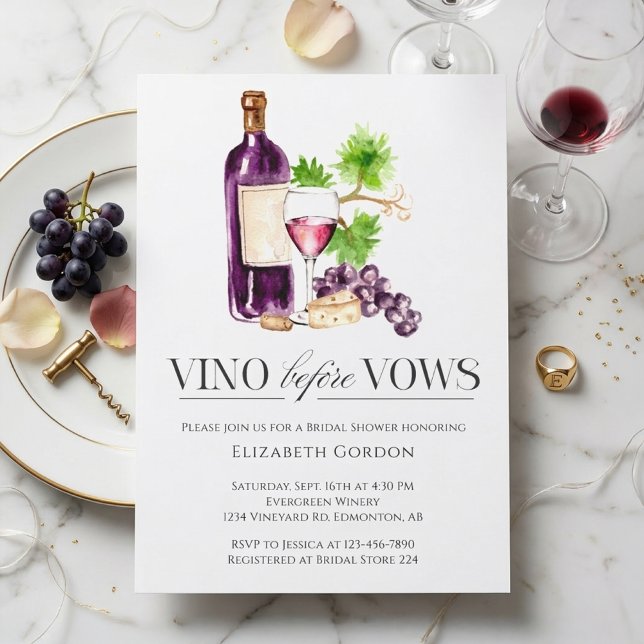 Vino Before Vows Bridal Shower Watercolor Wine Einladung (Von Creator hochgeladen)