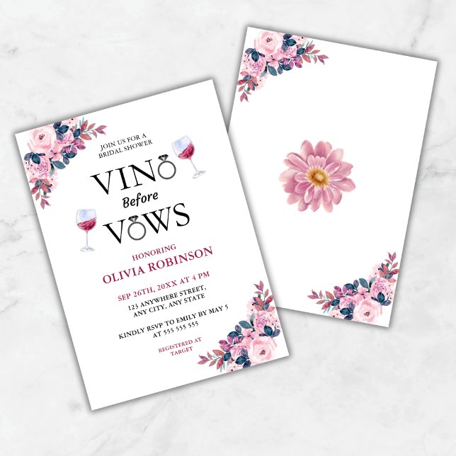 Vino Before Vows Floral Wine Theme Brautparty Einladung (Vino Before Vows Floral Wine Theme Bridal Shower Invitation )