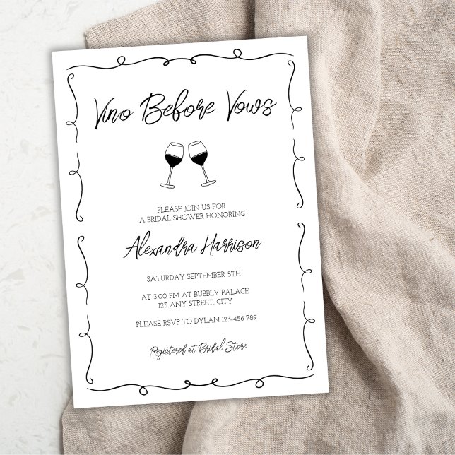 Vino Before Vows Hand Drawn Scripple Brautparty Einladung (Vino Before Vows Hand Drawn Scripple Bridal Shower Invitation)