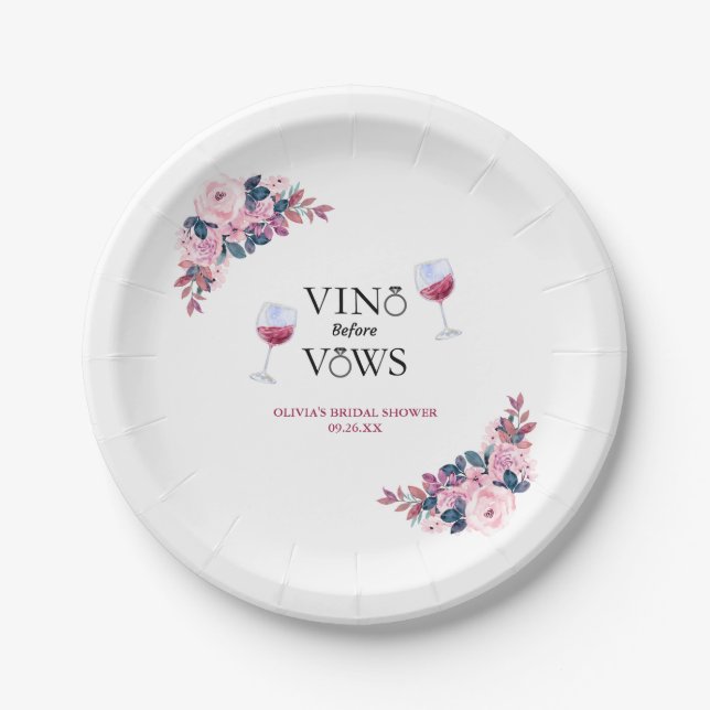 Vino Before Vows Pink Floral Brautparty Pappteller (Vorderseite)