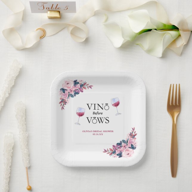 Vino Before Vows Pink Floral Brautparty Pappteller (Hochzeit)