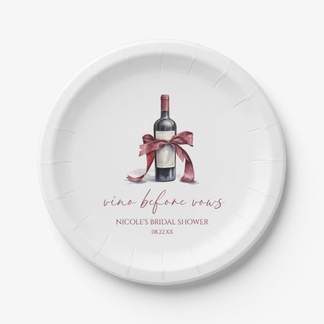 Vino Before Vows Red Wine Flasche Bow Brautparty Pappteller (Vorderseite)