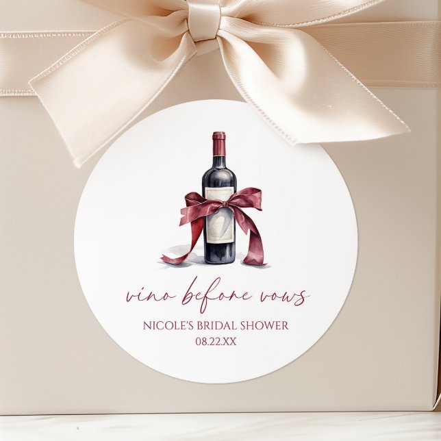 Vino Before Vows Red Wine Flasche Bow Brautparty Runder Aufkleber (Von Creator hochgeladen)
