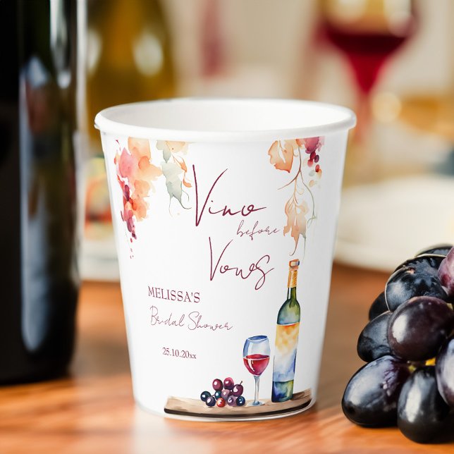 Vino vor dem Gelöbnis Weinkellerei Brautparty gedr Pappbecher (Vino before vows winery bridal shower monogram personalized printed paper cups bridal shower decor)