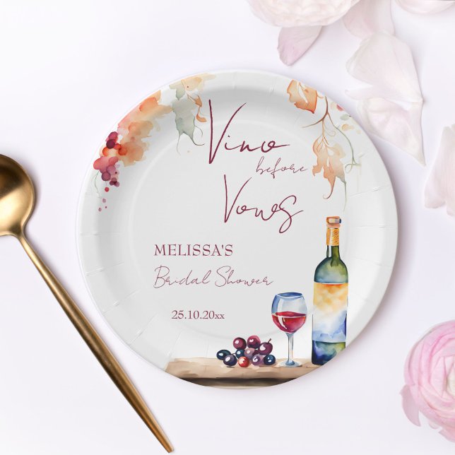 Vino vor dem Gelöbnis Weinkellerei Brautparty gedr Pappteller (Vino before vows winery vineyard wine bridal shower printed paper plates personalized table decor)