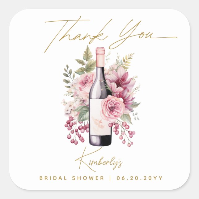 Vino vor Vows Elegantes Brautparty Wasserfarben Quadratischer Aufkleber (Vorderseite)