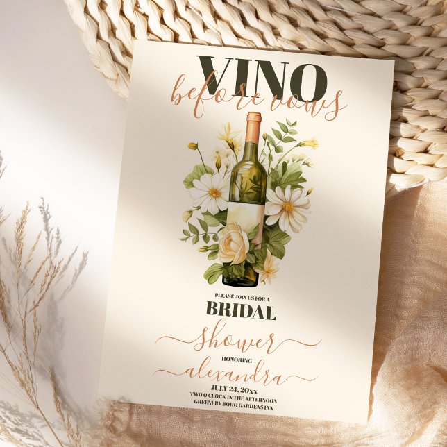 Vino vor Vows Gold White Floral Brautparty Einladung (Von Creator hochgeladen)