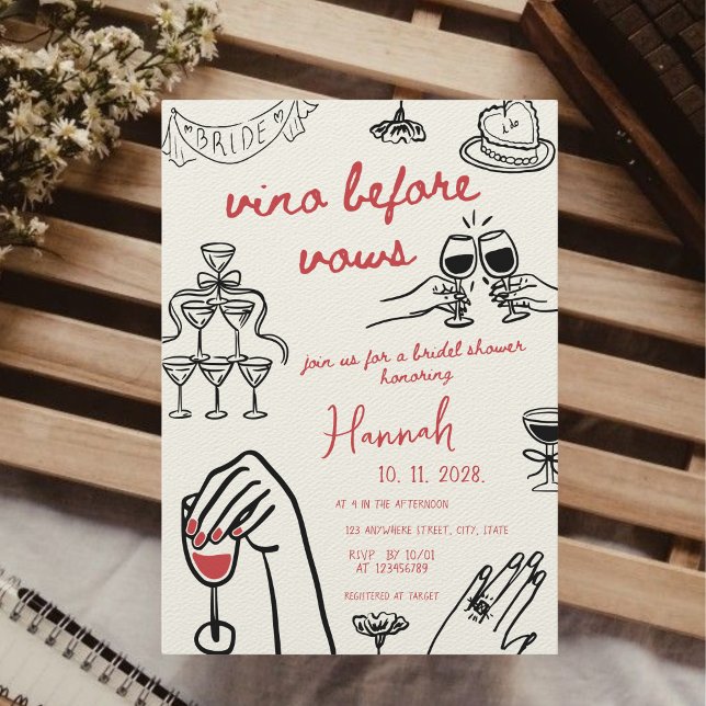 Vino vor Vows Hand gezeichnetes rotes Brautparty Einladung (Vino Before Vows Hand Drawn Bold Black & Red On cloud Wine Bridal Shower Brunch Whimsical Invitation)