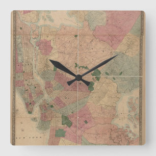 Vintag 1872 Brooklyn Map - New York City, Queens Quadratische Wanduhr