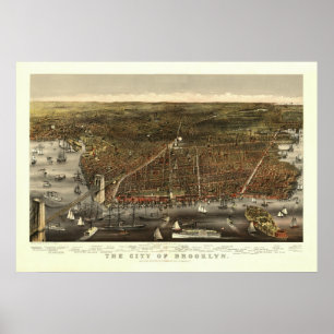 Vintag 1879 Brooklyn NY Bird's Eye View Map Poster