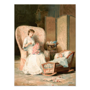 Vintag 1888 Mutter und Baby im Schlaf, wiederherge Fotodruck