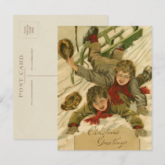Vintag 1906 Boys Rodeln im Schnee Weihnachten (Vorne/Hinten)