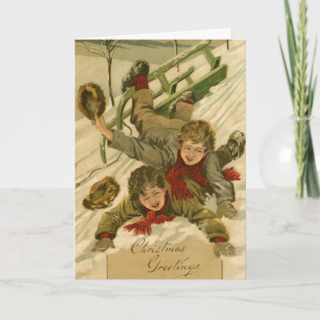 Vintag 1906 Boys Rodeln im Schnee Weihnachten Karte (Vorderseite)