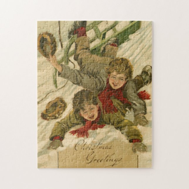Vintag 1906 Boys Rodeln im Schnee Weihnachten Puzzle (Vertikal)